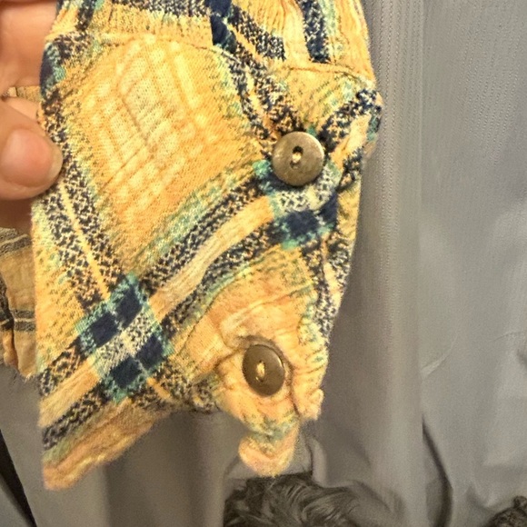 Free People Yellow Grunge Plaid Button Down Shirt Tunic raw hem👠 - Picture 8 of 11